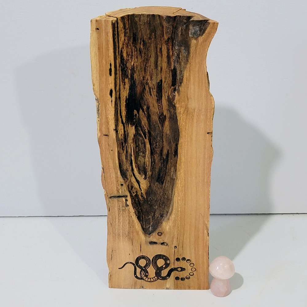 Handmade Live Edge Wood Split log Celestial Snake Moon Phase Wood Burned Decor